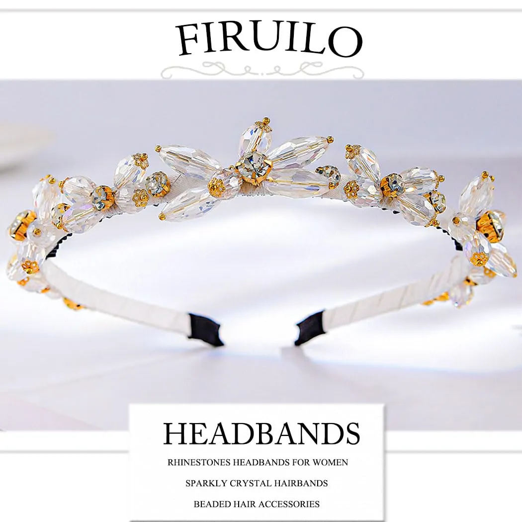 Thin Rhinestones Headband Blue Crystal Hair Bands Sparkle Beaded Head Bands for Women(Type A) (White)