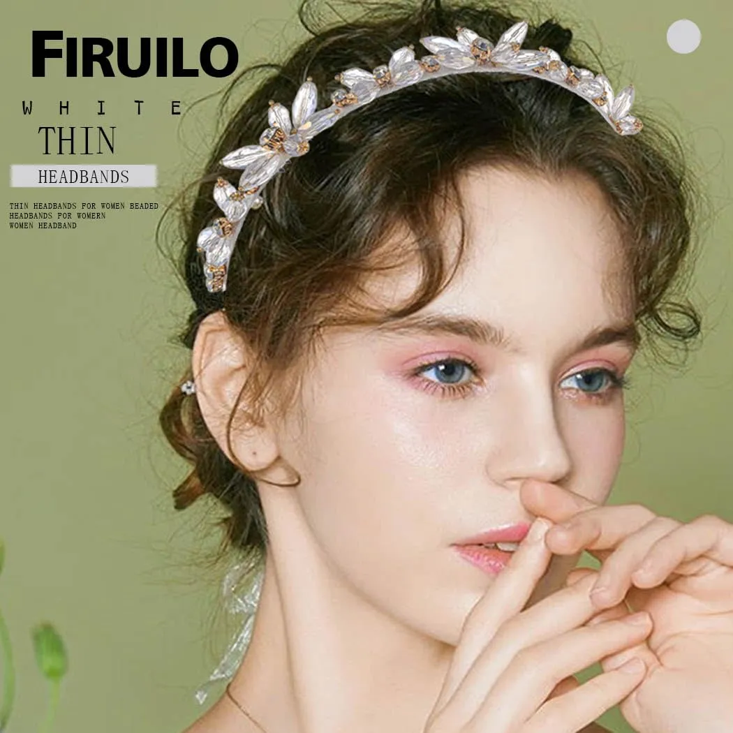 Thin Rhinestones Headband Blue Crystal Hair Bands Sparkle Beaded Head Bands for Women(Type A) (White)