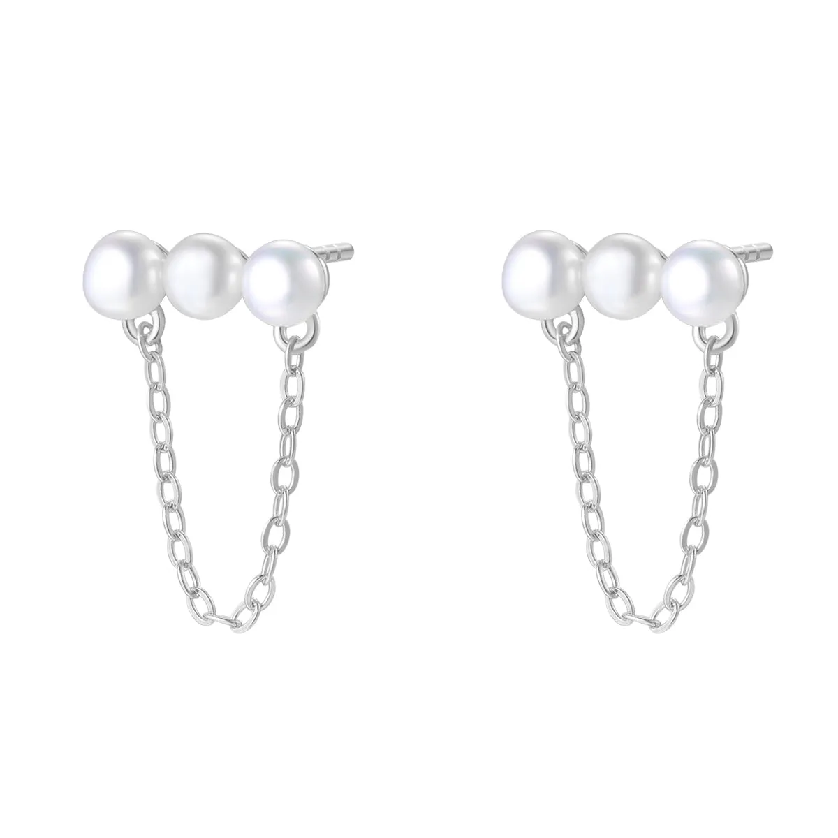 Trio Pearl Chain Stud Earrings Sterling Silver