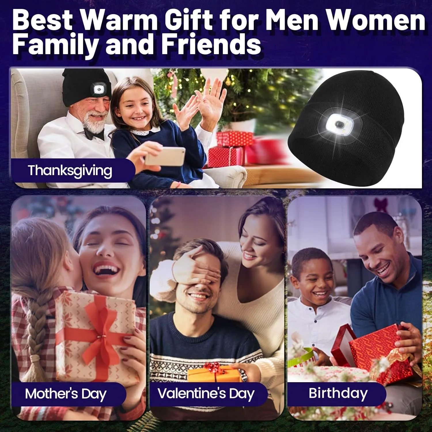 Unisex Beanie Hat with Light, USB Rechargeable LED Headlamp Cap Warm Knit Hats for Winter SafetyGifts for Men Women Dad