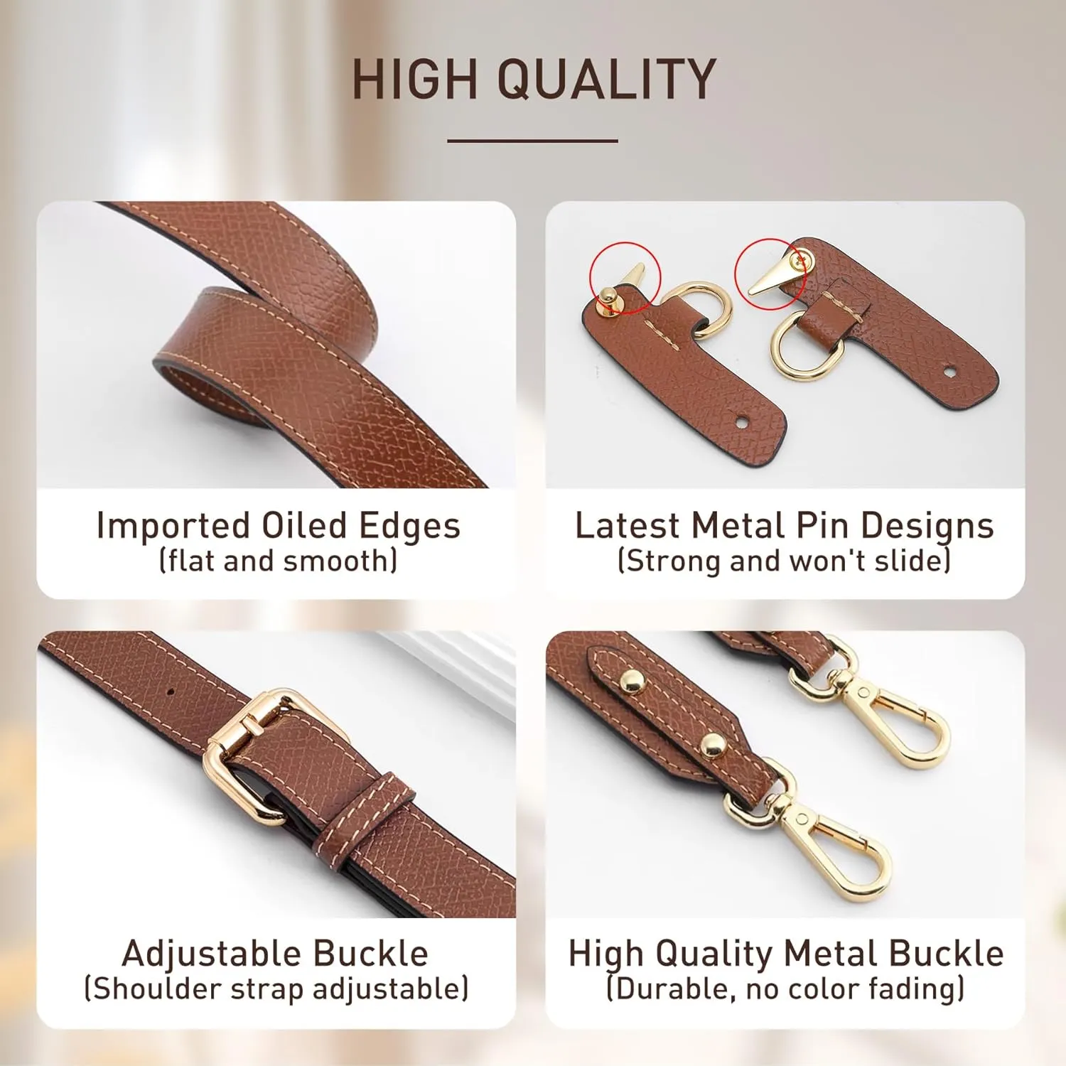 Upgraded 4 Buckles Purse Strap Replacement Compatible with Longchamp S/M Bag, Anti-Slip Leather Bag Straps Conversion Kit, Handbags Crossbody Shoulder Strap 34-41'' Adjustable for Women(Brown)