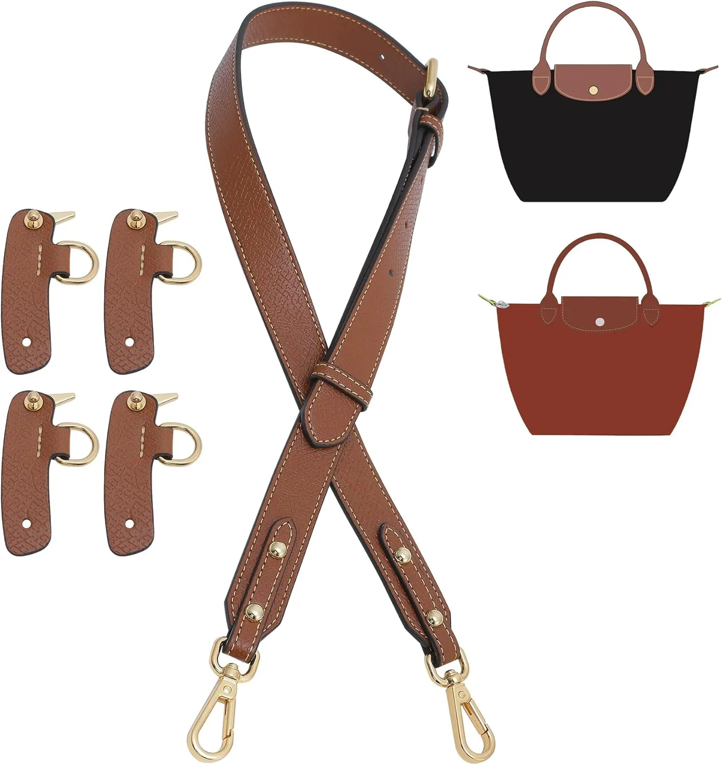 Upgraded 4 Buckles Purse Strap Replacement Compatible with Longchamp S/M Bag, Anti-Slip Leather Bag Straps Conversion Kit, Handbags Crossbody Shoulder Strap 34-41'' Adjustable for Women(Brown)
