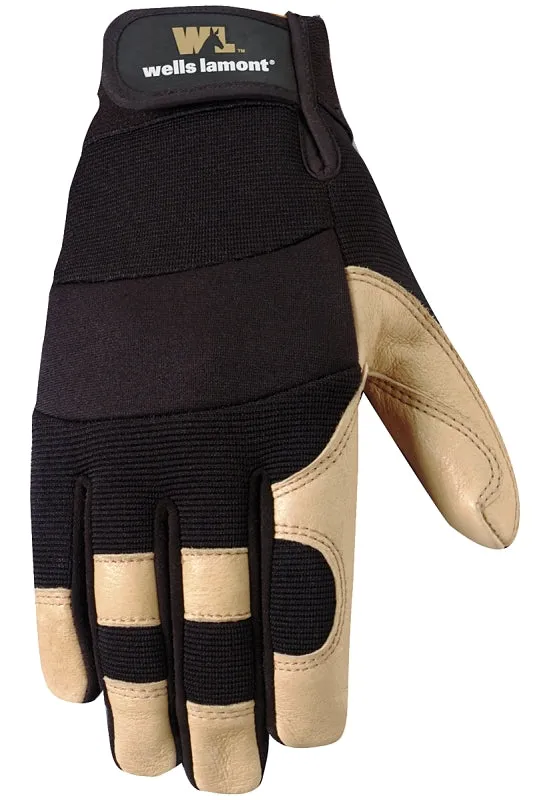 Wells Lamont 3214-L Adjustable Work Gloves, Men's, L, Reinforced Thumb, Spandex Back, Black/Brown/Tan :PR: QUANTITY: 1