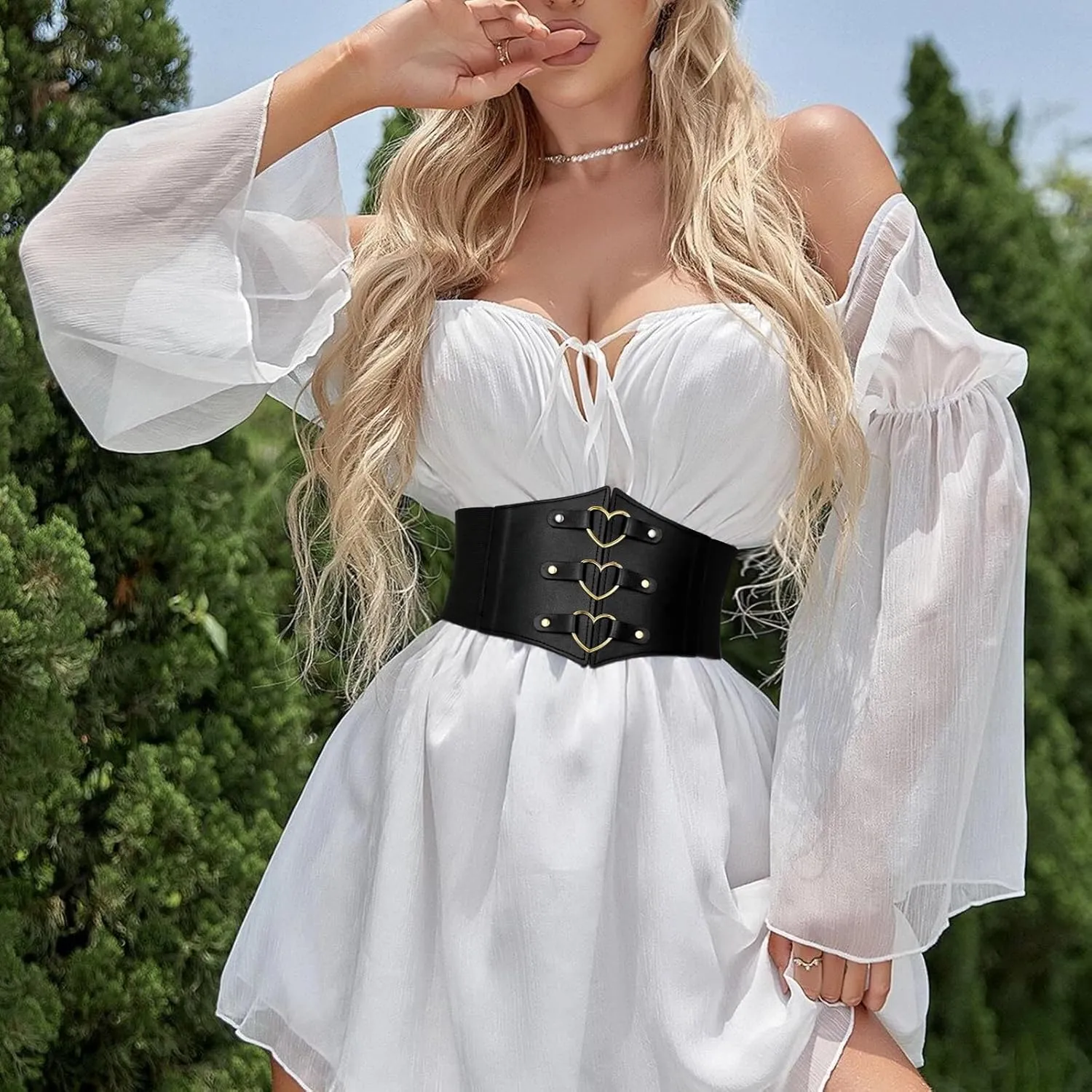 Women Corset Belt Metal O-Ring Heart-Ring Wide Elastic Waspie Waist Belt for Daily Cosplay Halloween Costumes