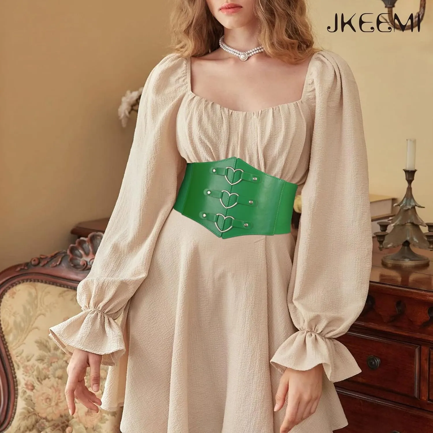 Women Corset Belt Metal O-Ring Heart-Ring Wide Elastic Waspie Waist Belt for Daily Cosplay Halloween Costumes