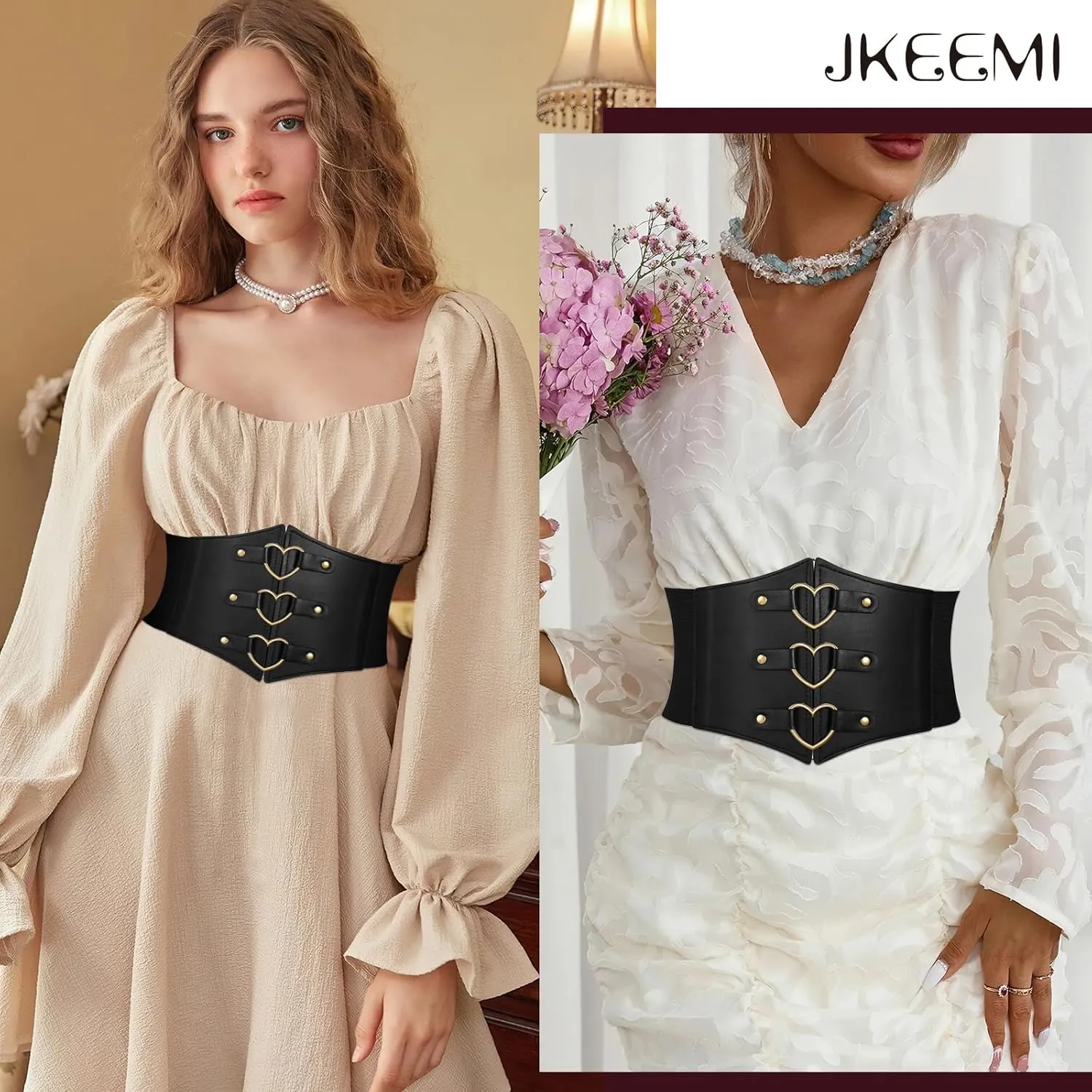 Women Corset Belt Metal O-Ring Heart-Ring Wide Elastic Waspie Waist Belt for Daily Cosplay Halloween Costumes