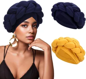 XEPST 2 Pieces African Turban Head Wraps Big Braid Cross Turban Hat for Women, Twisted Head Wrap Pre-Tied Stretchy Soft Chemo Headwear