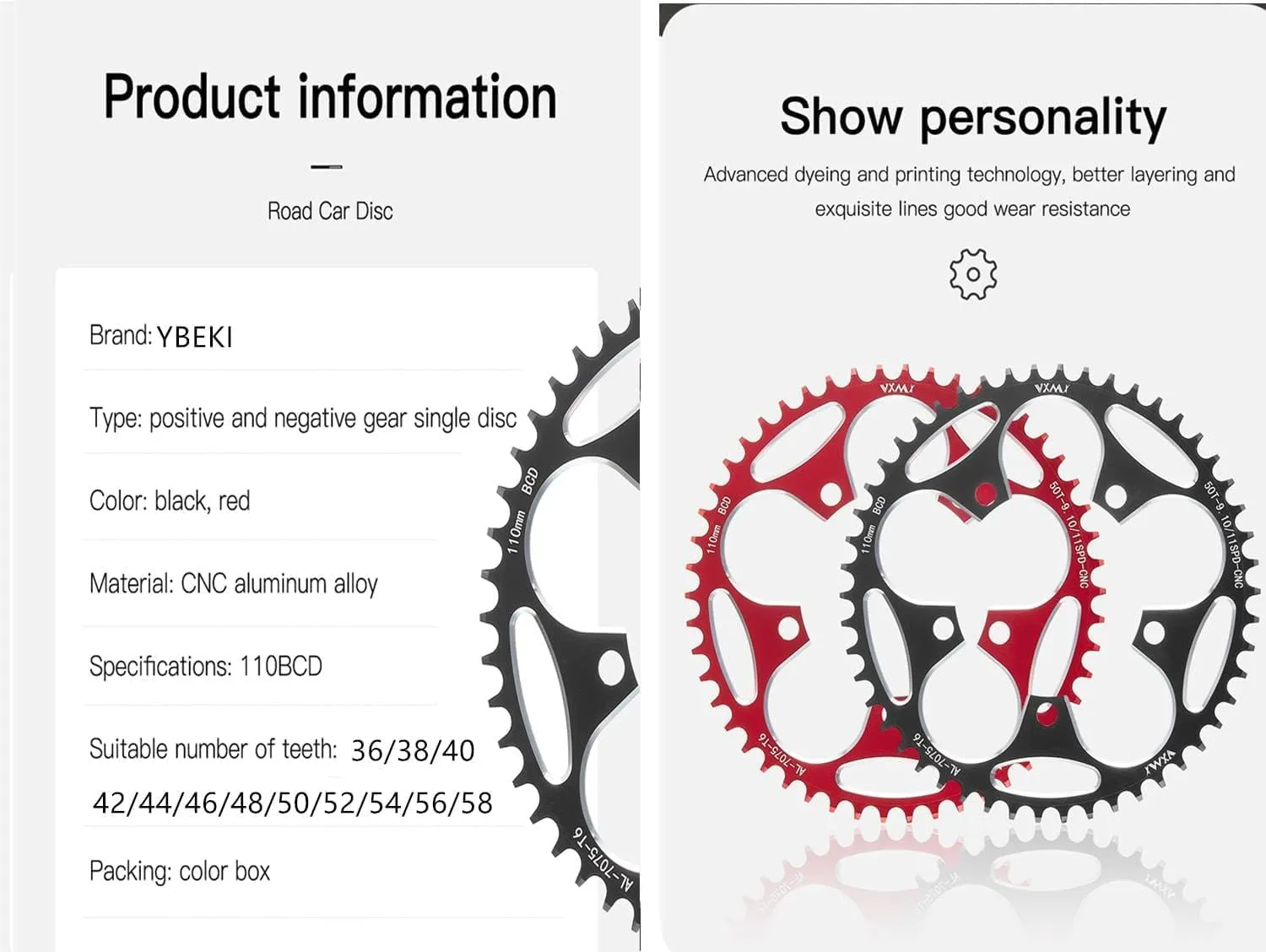 YBEKI 110BCD Chainring - CNC Machined 7075-T6 Aluminum Narrow-Wide Chainwheel for Road Bikes (36-58T Options) | 8-12 Speed Compatible | Ultra-Lightweight | Anti-Drop Design  (Black/Red)