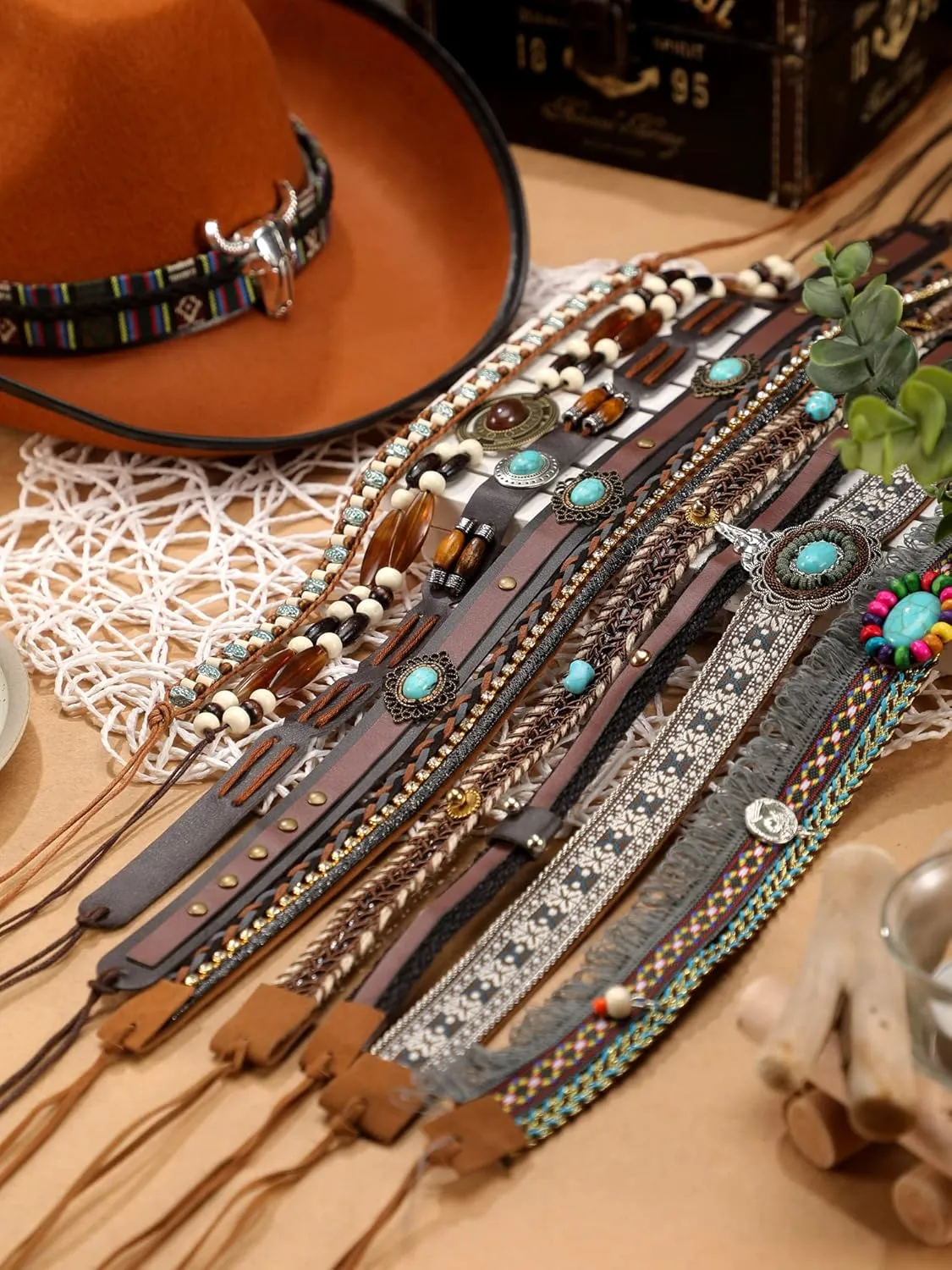 Zeyune 10 Pcs Cowboy Hat Bands Ethnic Western Hat Belts Rural Cowgirl Turquoise Hatbands Beaded Cowboy Supply