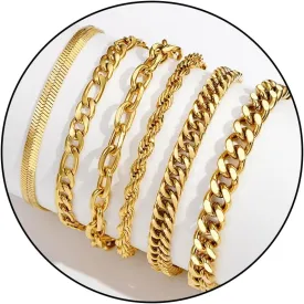 Zocomi 6 Pcs Chain Bracelet for Men Women - Stainless Steel Cuban Curb Link Rope Paperclip Figaro Herringbone Chain Bracelets Set Jewelry Gifts for Man Woman Boys 6.5/7/7.5/8.3/9/9.5 Inches